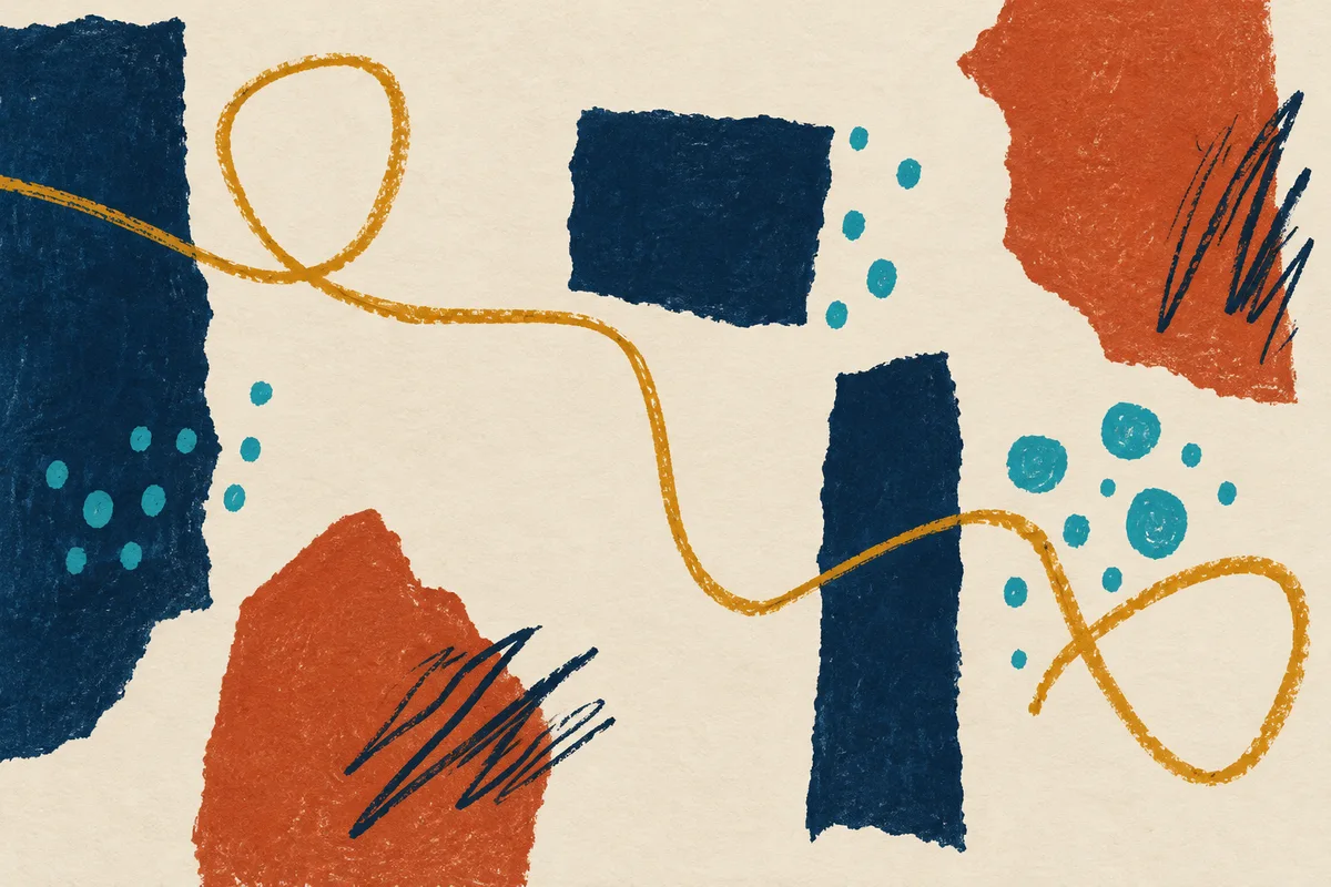 A looping ochre line wanders through navy rectangles, turquoise dots and terracotta fragments.